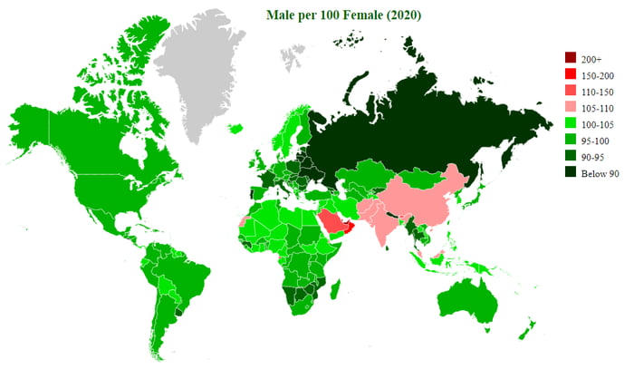 Number of males per 100 females in countries around the world - 9GAG