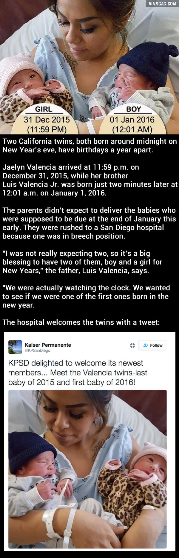 Twins born on New Year's Eve have birthdays in different years 9GAG
