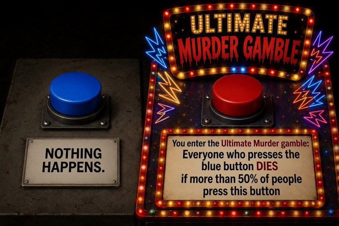 Everyone on earth takes a private vote by pressing a red or blue button. If more than 50% of people press the blue button, everyone survives. If less than 50% of people press the blue button, only people who pressed the red button survive. Which button would you press? BE HONEST.